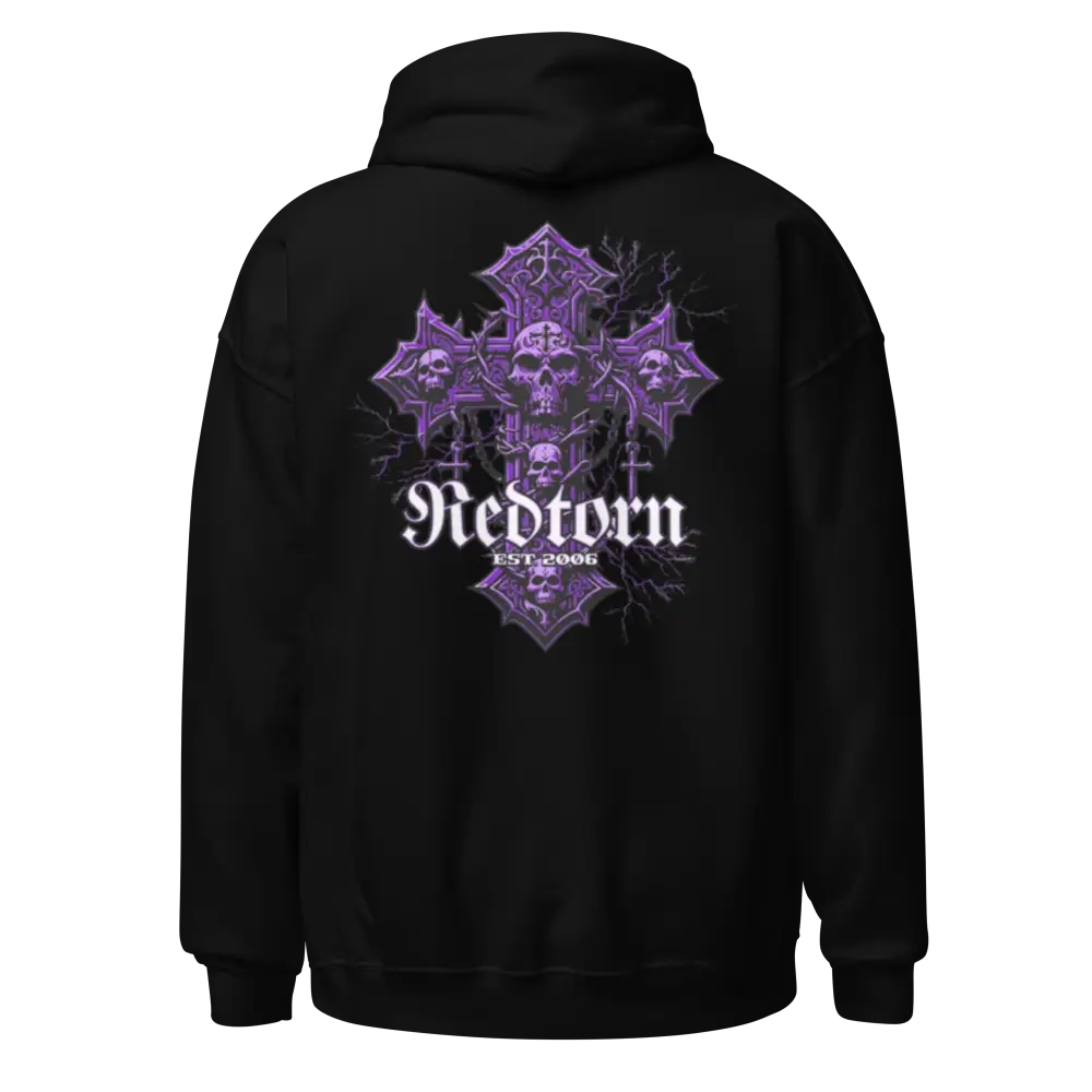 Reborn Gothic Cross Unisex Hoodie in black with purple skull graphic