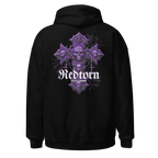 Reborn Gothic Cross Unisex Hoodie in black with purple skull graphic