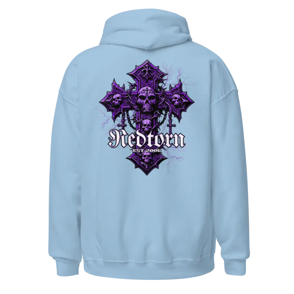 Reborn Gothic Cross unisex adult hoodie with purple skull graphic