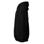 Gothic cross unisex hoodie with black leather jacket, purple accents