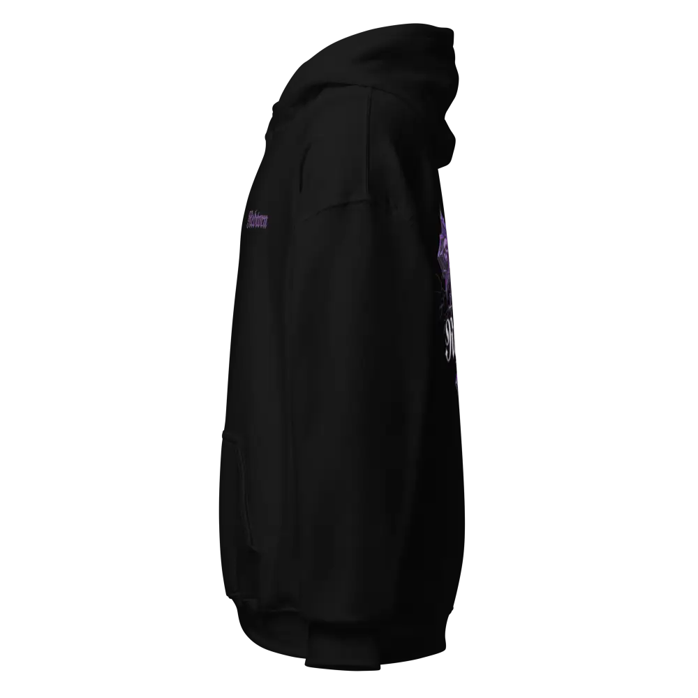 Gothic cross unisex hoodie with black leather jacket, purple accents