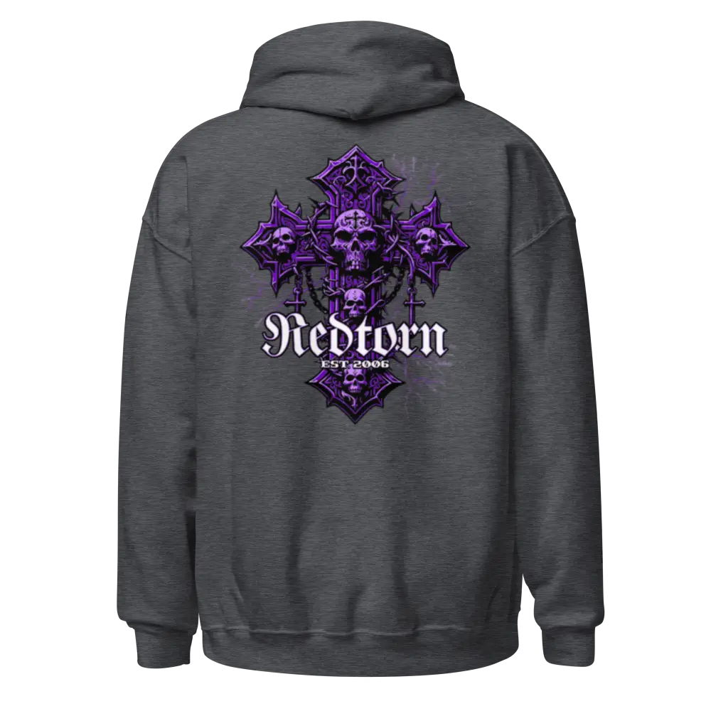 Reborn Gothic Cross unisex adult hoodie with purple skull graphic