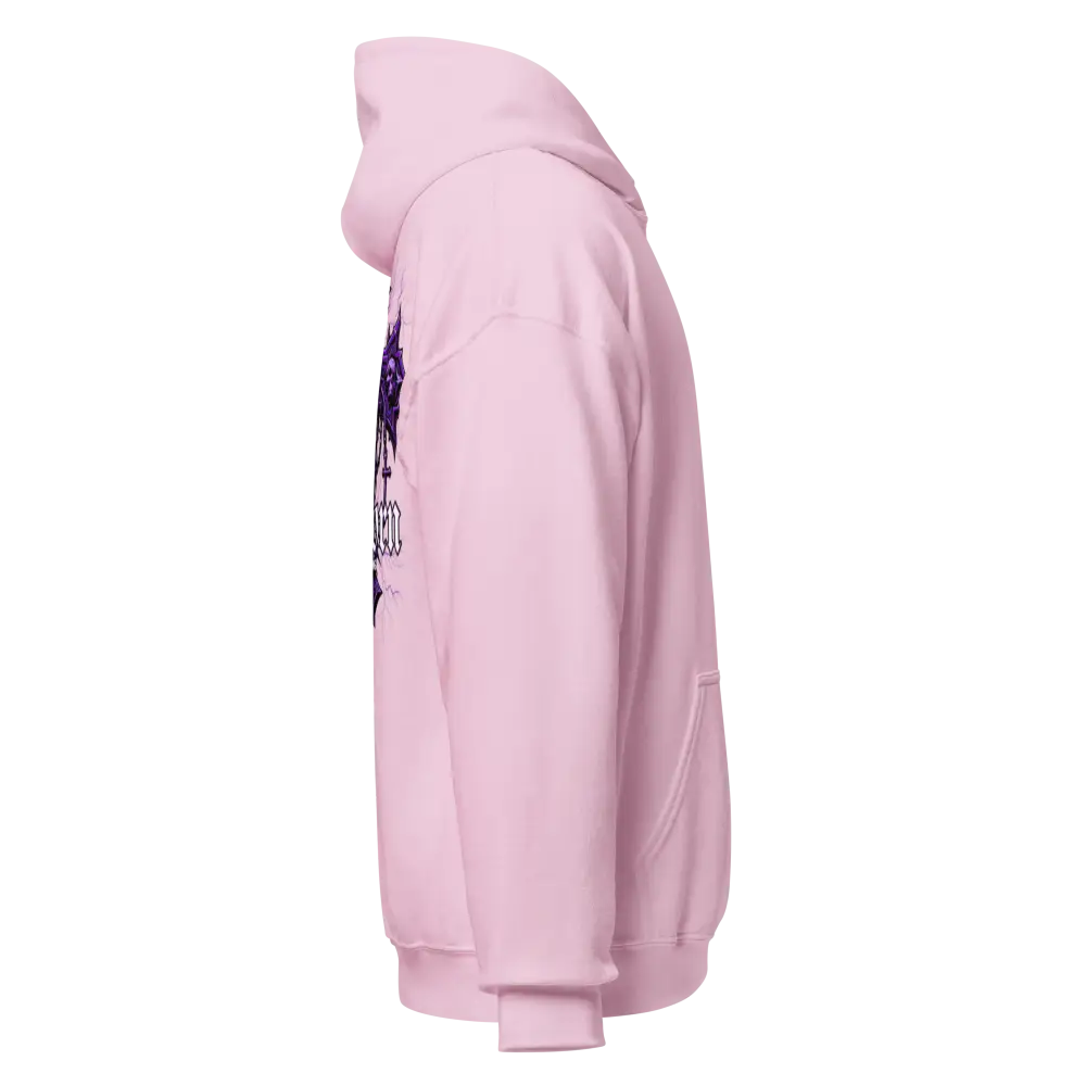 Reborn Gothic Cross unisex adult hoodie in pink with purple skull graphic