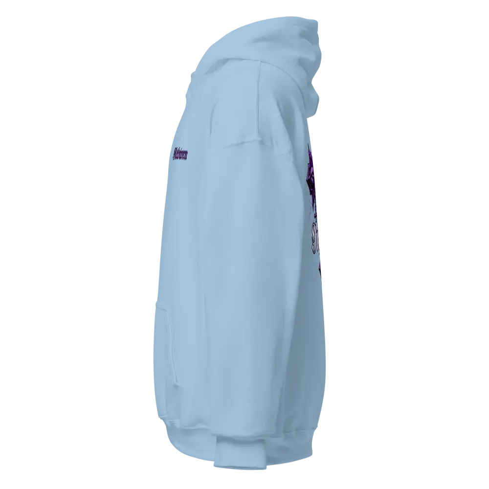 Reborn Gothic Cross unisex adult hoodie in light blue with purple skull graphic