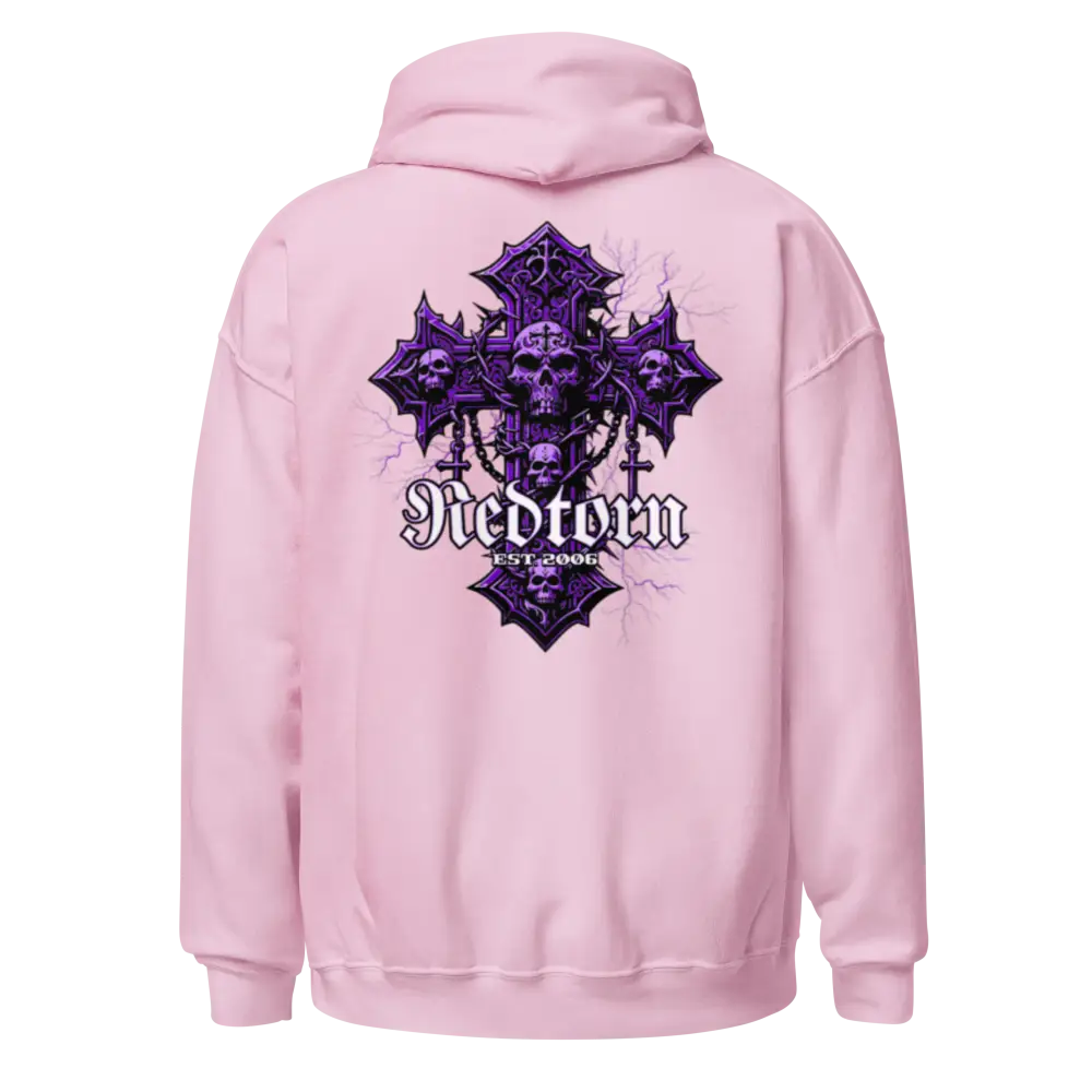 Reborn Gothic Cross Unisex Hoodie in pink with purple skull graphic