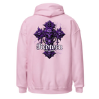 Reborn Gothic Cross Unisex Hoodie in pink with purple skull graphic