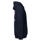 Dark blue unisex gothic cross hoodie with purple skull graphic