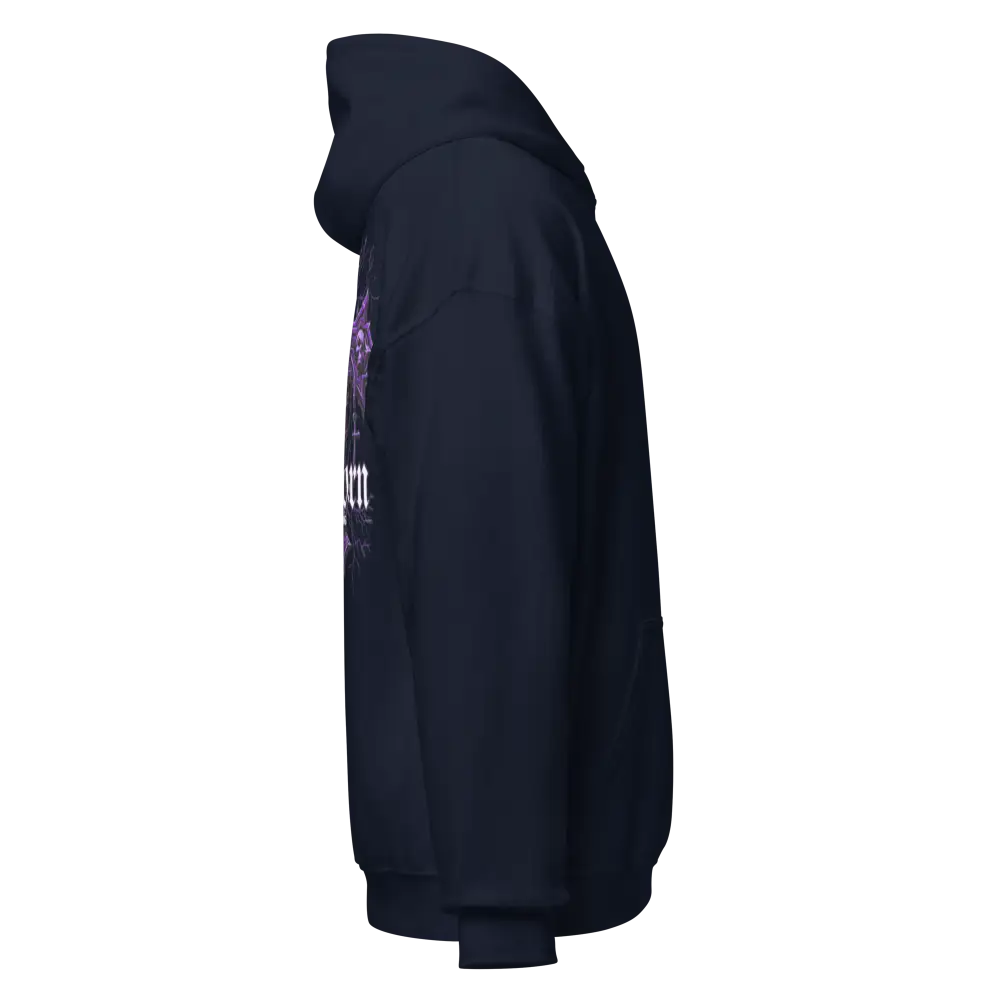 Dark blue unisex gothic cross hoodie with purple skull graphic