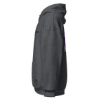 Reborn Gothic Cross unisex adult hoodie in charcoal gray with purple skull graphic