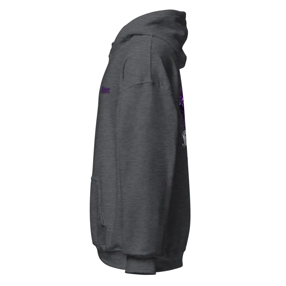 Reborn Gothic Cross unisex adult hoodie in charcoal gray with purple skull graphic
