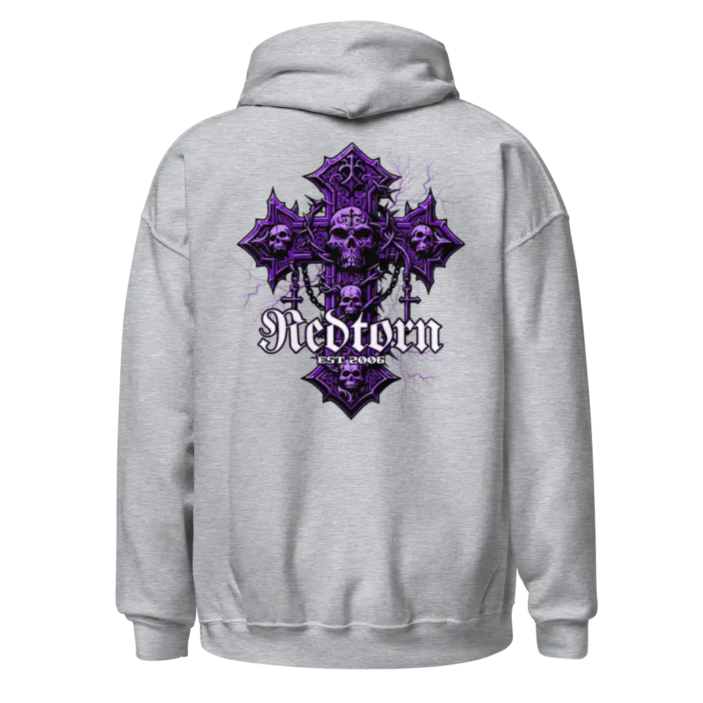 Reborn Gothic Cross Unisex Hoodie with purple cross and Redtown text