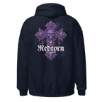 Reborn Gothic Cross unisex adult hoodie with purple skull graphic