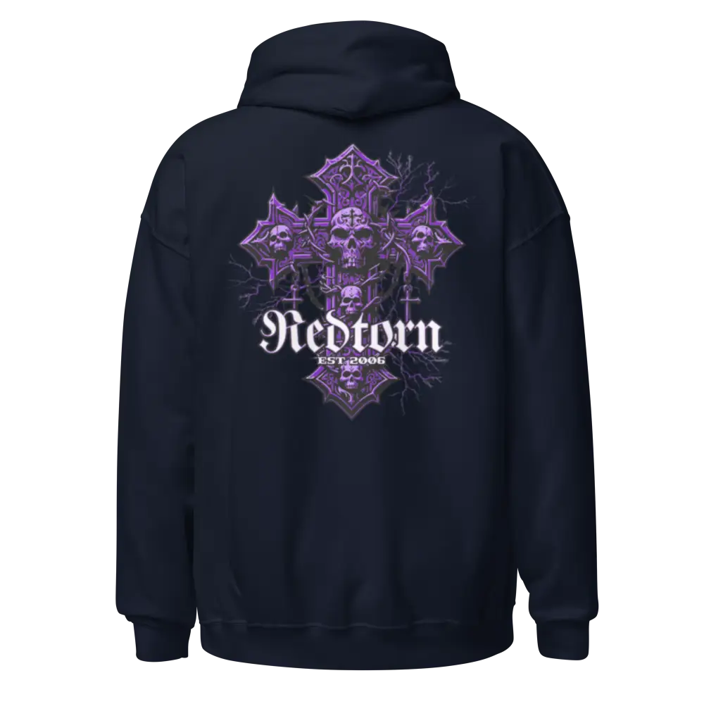 Reborn Gothic Cross unisex adult hoodie with purple skull graphic