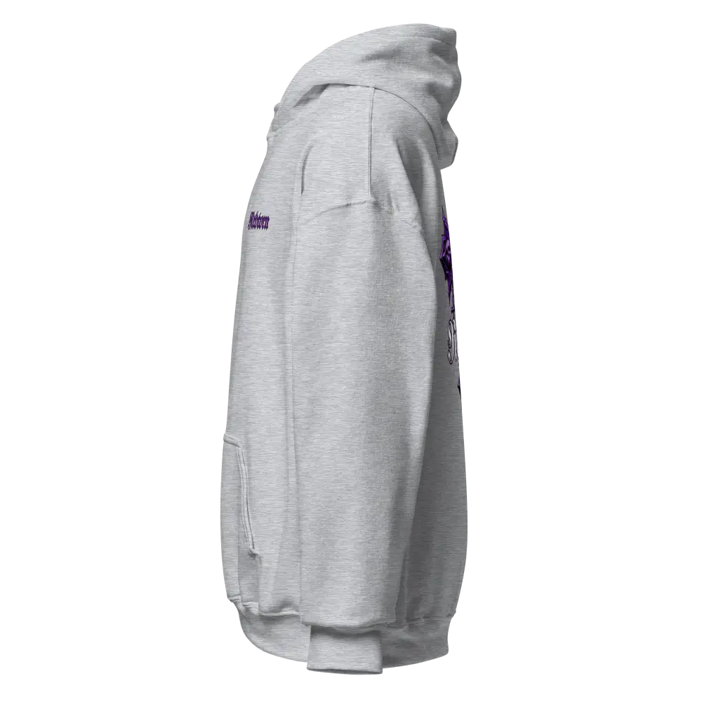 Reborn Gothic cross unisex adult hoodie in white fleece with purple skull graphic