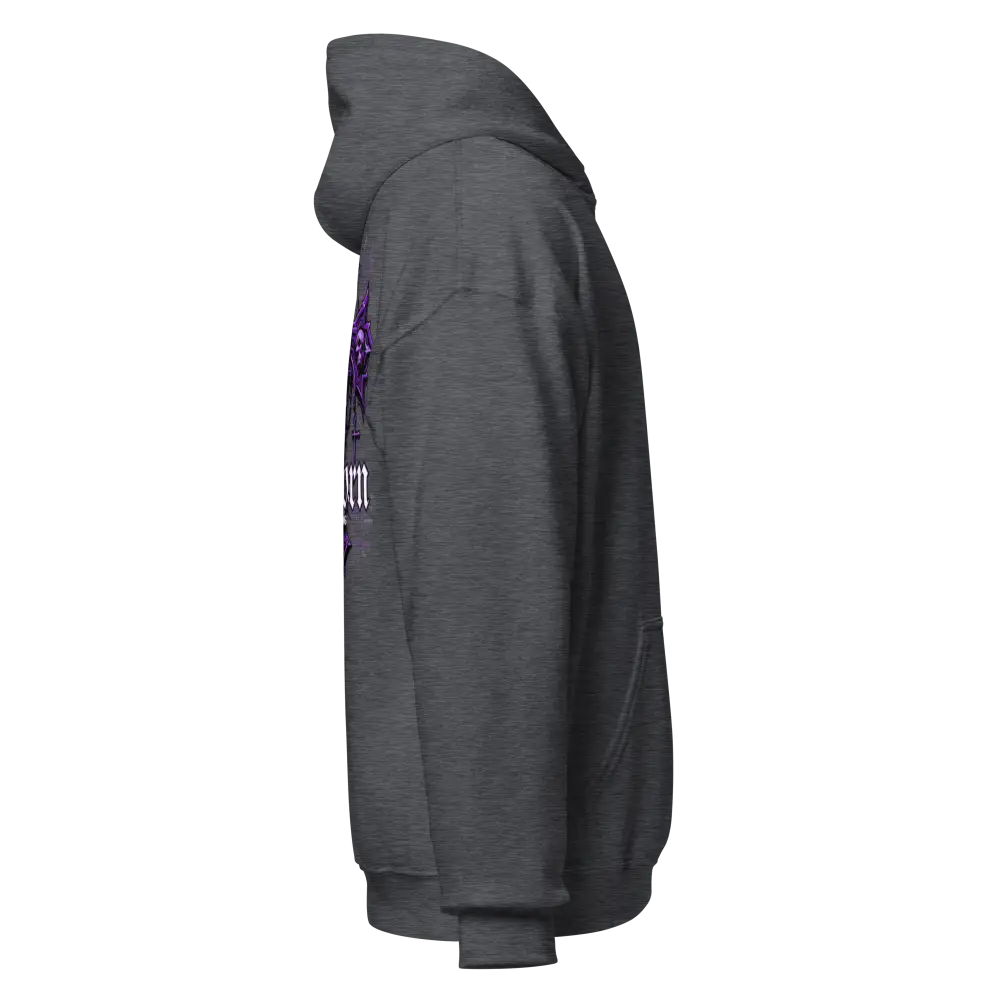 Reborn Gothic Cross unisex adult hoodie in gray with purple skull graphic