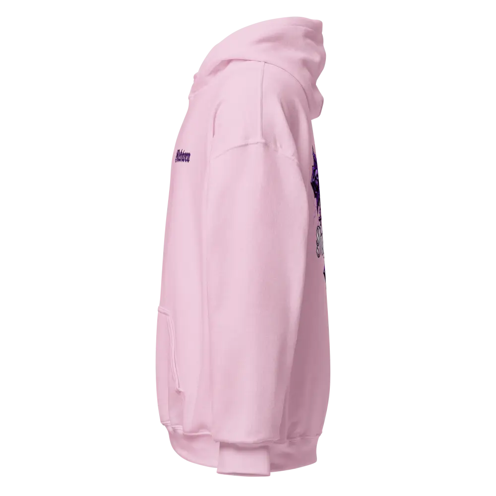 Reborn Gothic Cross unisex adult hoodie in pink fleece with purple skull graphic