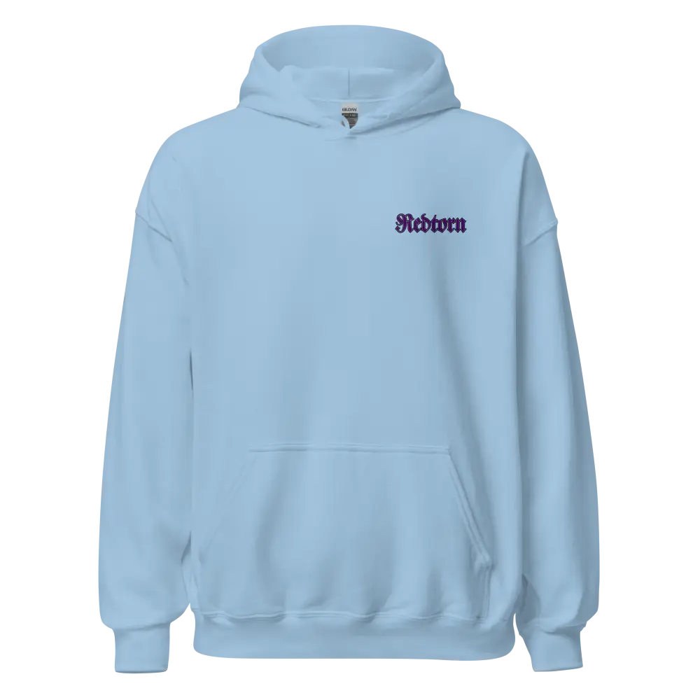 Light blue unisex adult hoodie with purple reborn embroidery on chest