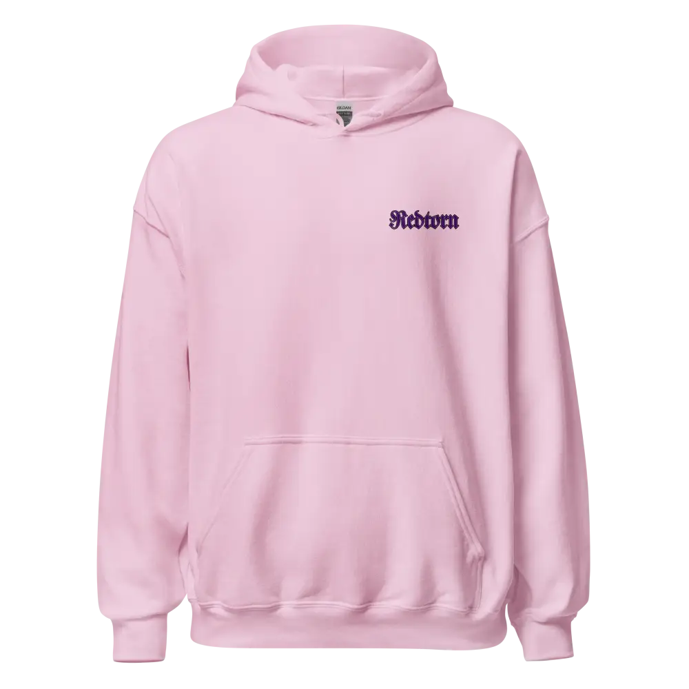 Light pink Reborn Gothic Cross unisex adult hoodie with purple text