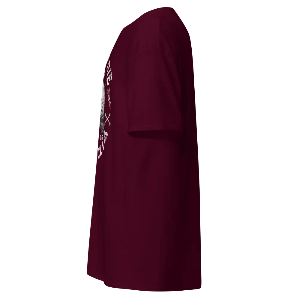 Maroon Ride or Die Rider Club Skull Graphic Tee with white text