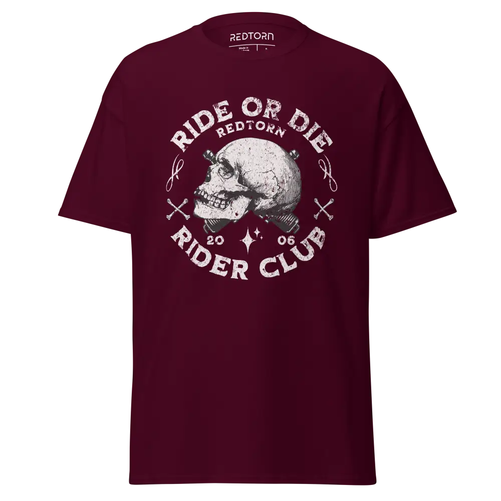 Maroon Ride or Die Rider Club skull graphic tee with vintage design