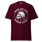 Maroon Ride or Die Rider Club skull graphic tee with vintage design