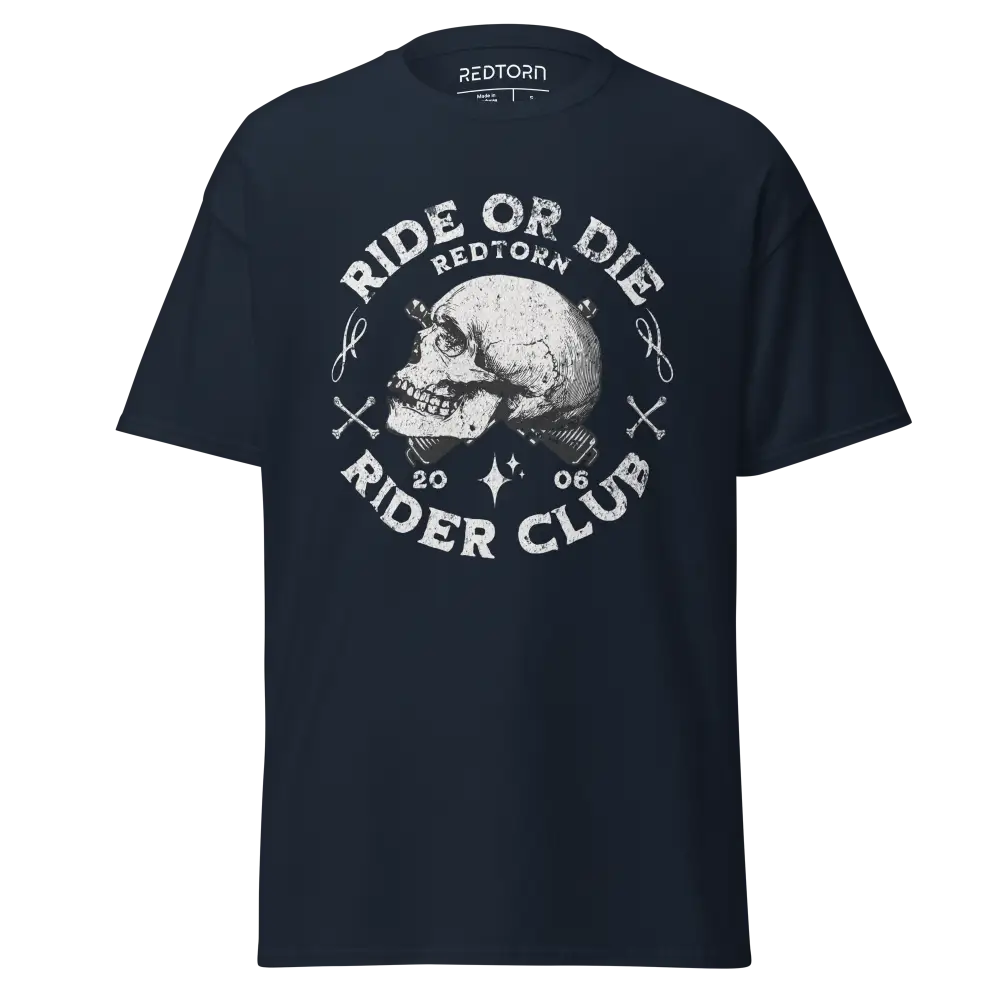 Navy blue Ride or Die Rider Club skull graphic tee with 2006 logo