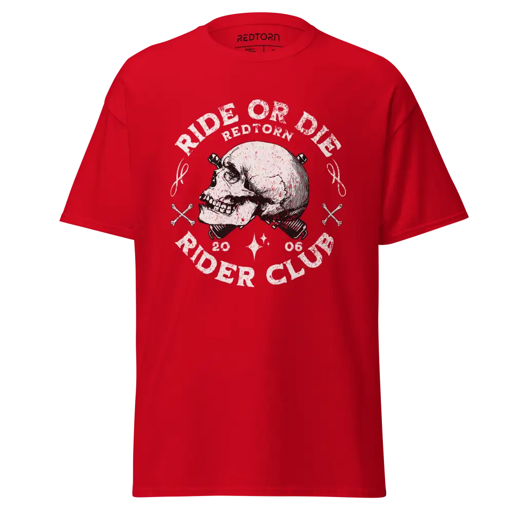 Red Ride or Die Rider Club skull graphic tee shirt