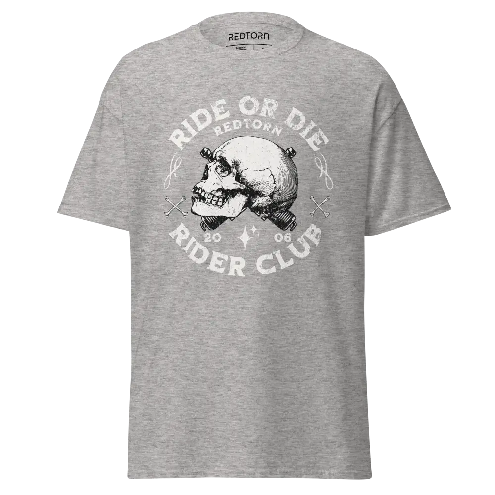 Grey heather Ride or Die Rider Club skull graphic tee with 2006 logo