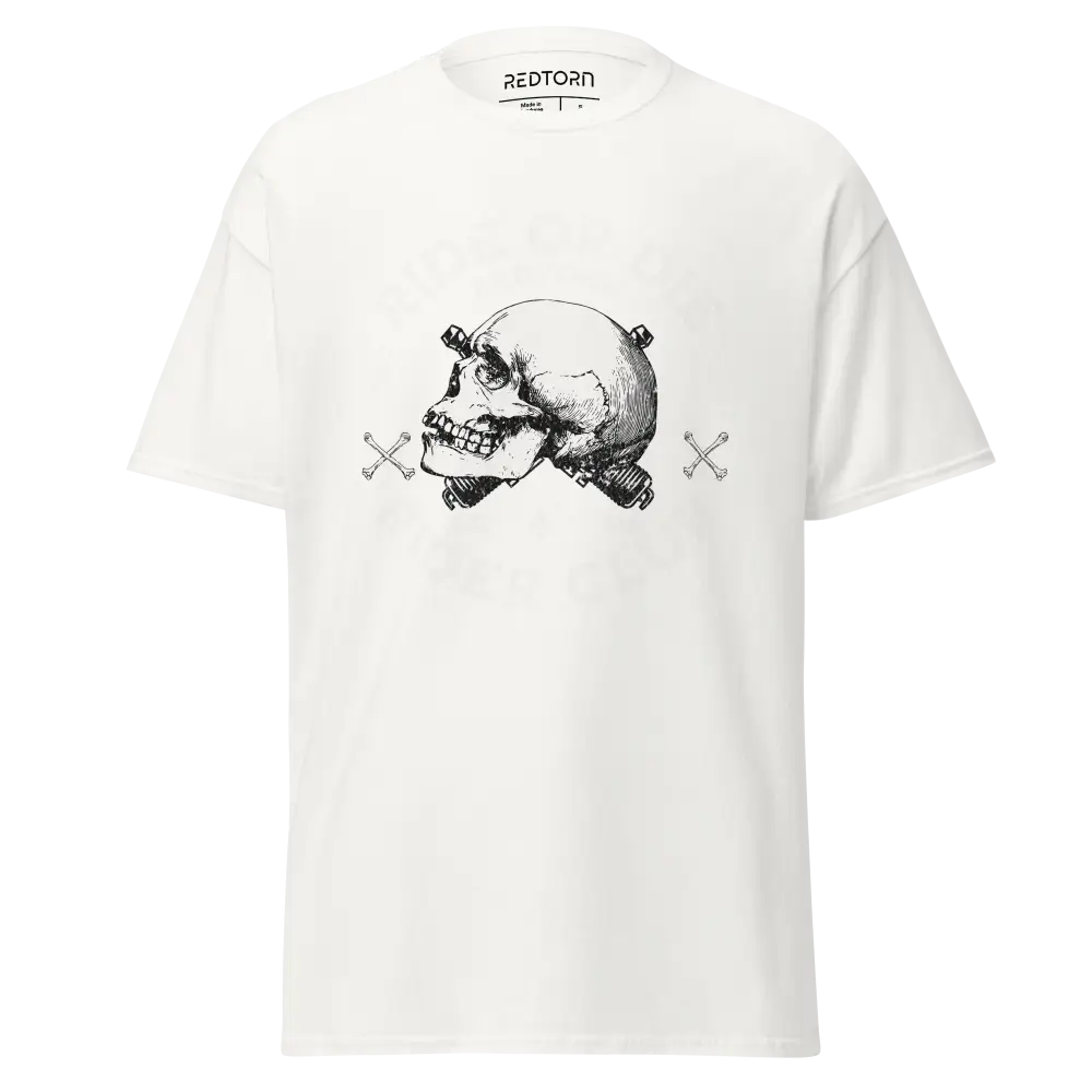 White Ride or Die Rider Club Skull Graphic Tee with skull and crossbones design