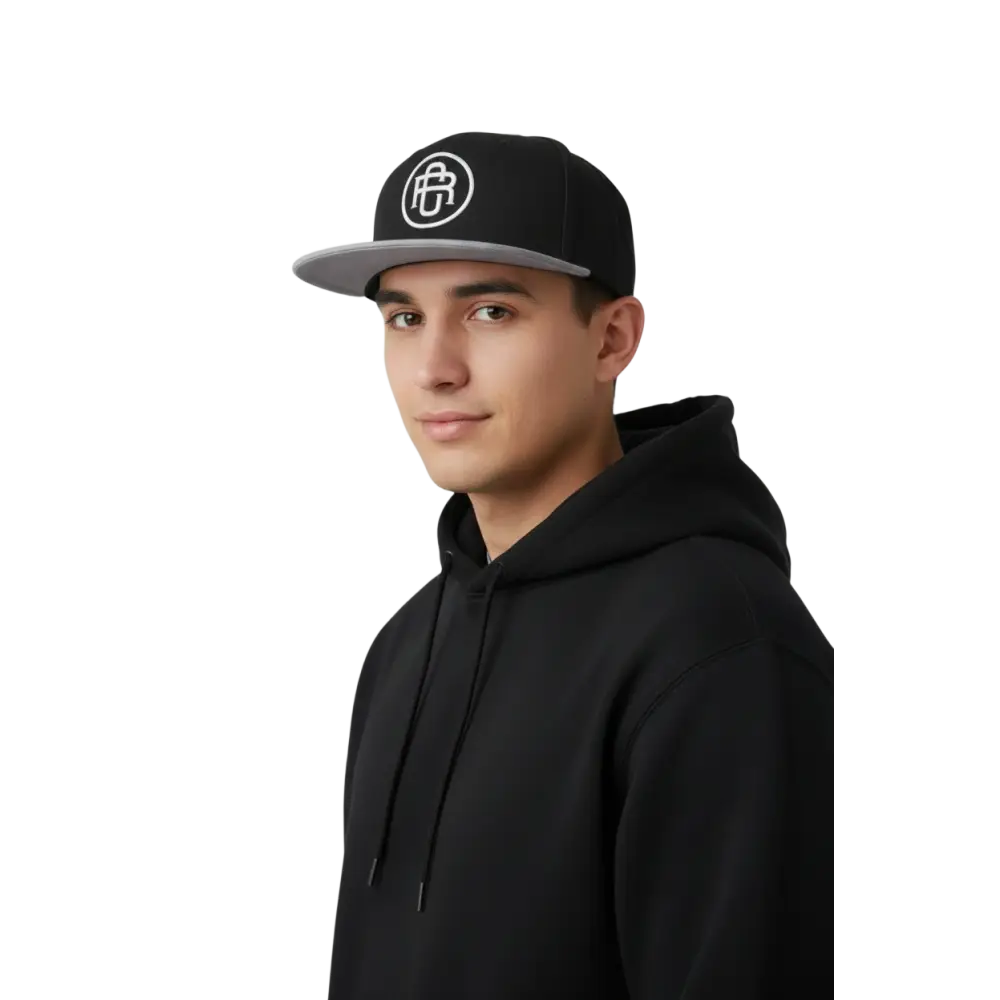 Black and gray RC Circle Logo snapback cap with white flat bill logo