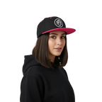 Black and pink RC Circle Logo snapback cap with white flat bill logo