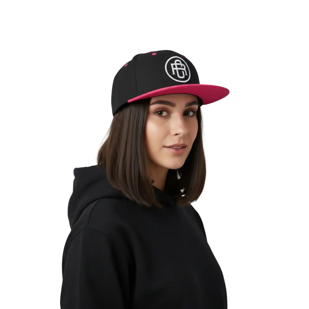 Black and pink RC Circle Logo snapback cap with white flat bill logo