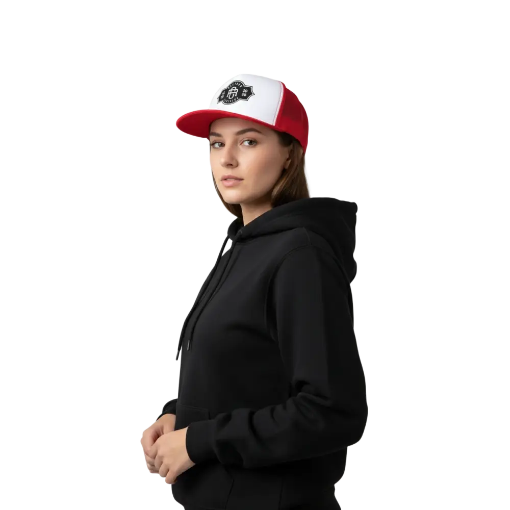 Red and white RC Legacy snapback cap with black embroidered logo