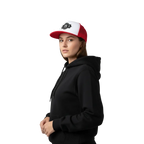 Red and white RC Legacy snapback cap with black embroidered logo