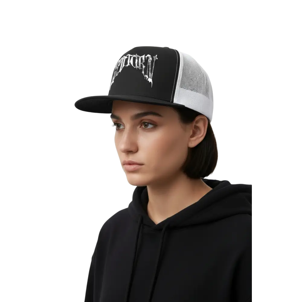 Black and white Reapers Gothic Logo Trucker Cap with unisex headwear