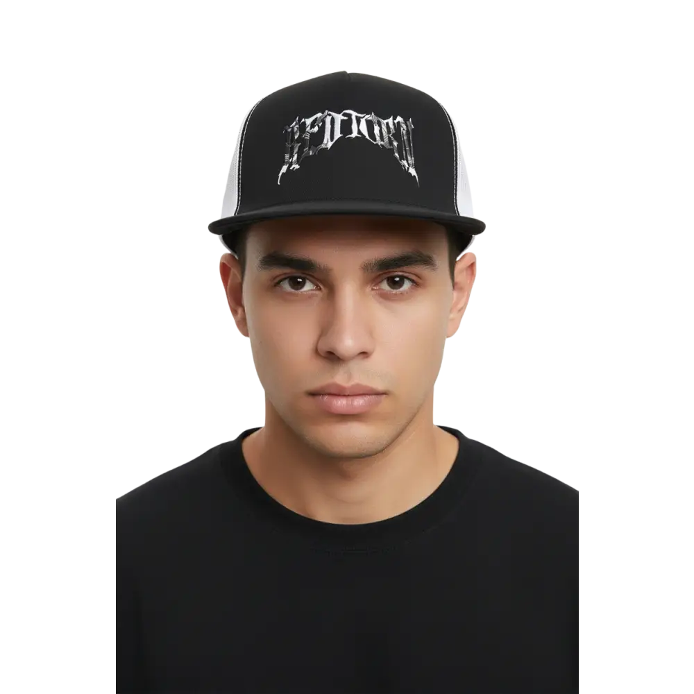Reapers gothic logo trucker cap with silver redon embroidery