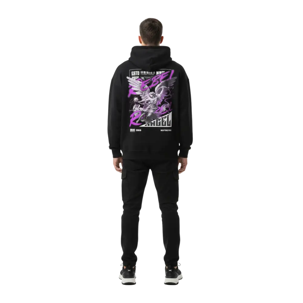 Rebel Angel premium unisex hoodie with bold purple angelic graphic