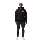 Rebel Angel premium unisex hoodie in black with minimalist white barcode design
