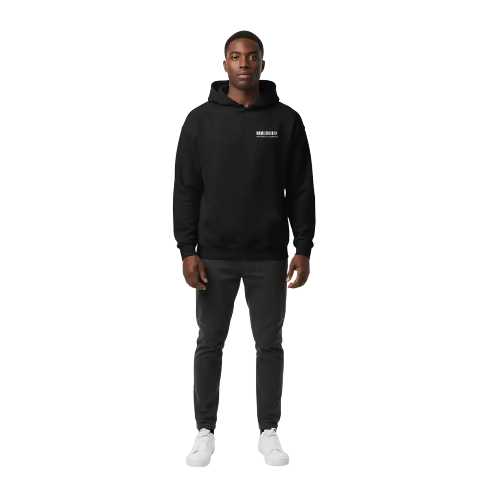 Rebel Angel premium unisex hoodie in black with minimalist white barcode design