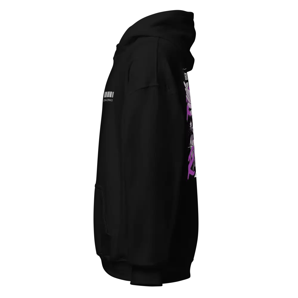 Rebel Angel premium unisex hoodie in black with purple accents and reflective stripes