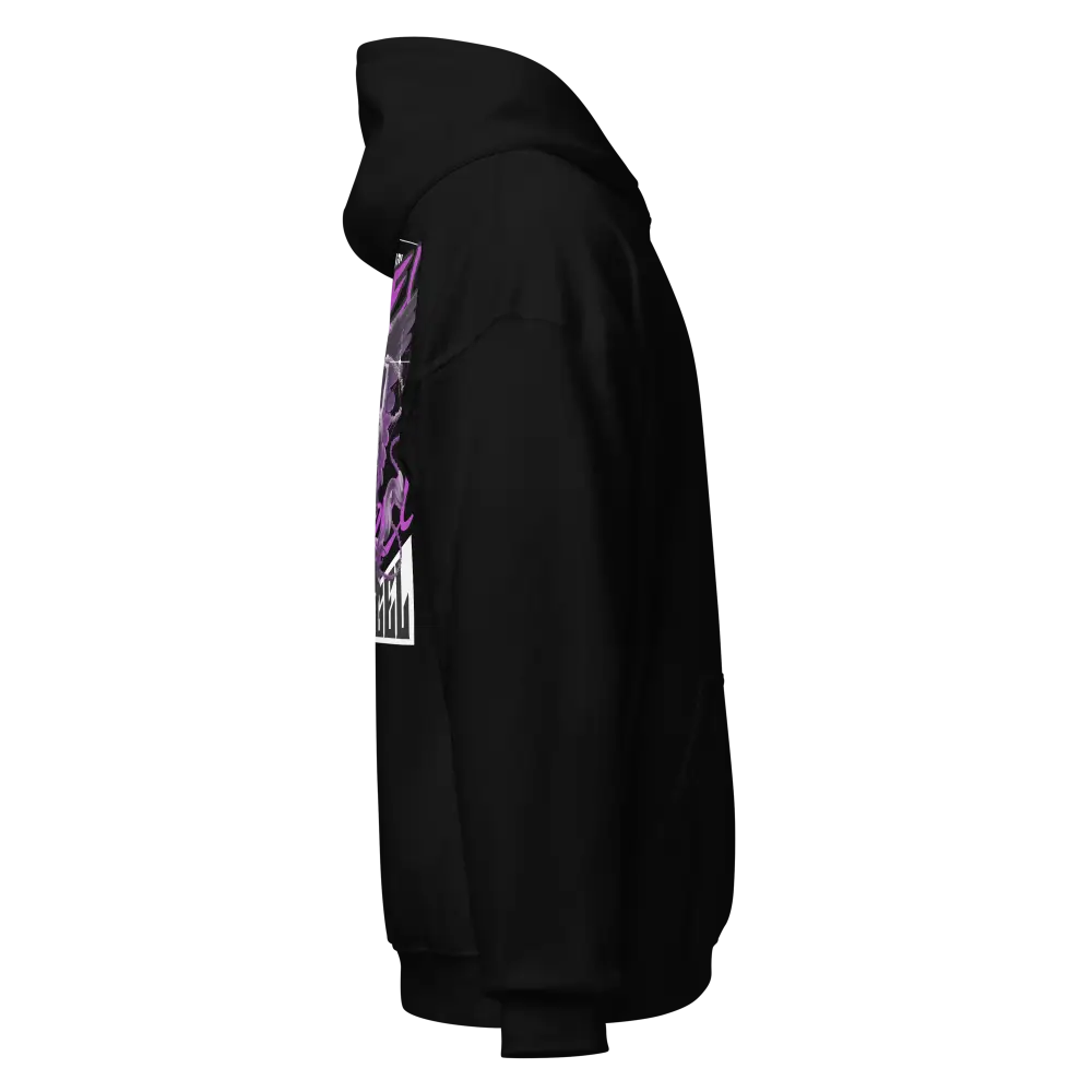 Rebel Angel premium unisex hoodie in black with purple graphic back