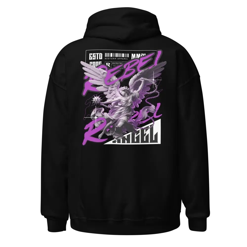 Rebel Angel premium unisex hoodie with black fabric, purple and white winged figure graphic