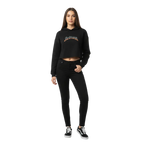 Black cropped womens crop-top hoodie with faded arched Reddow logo