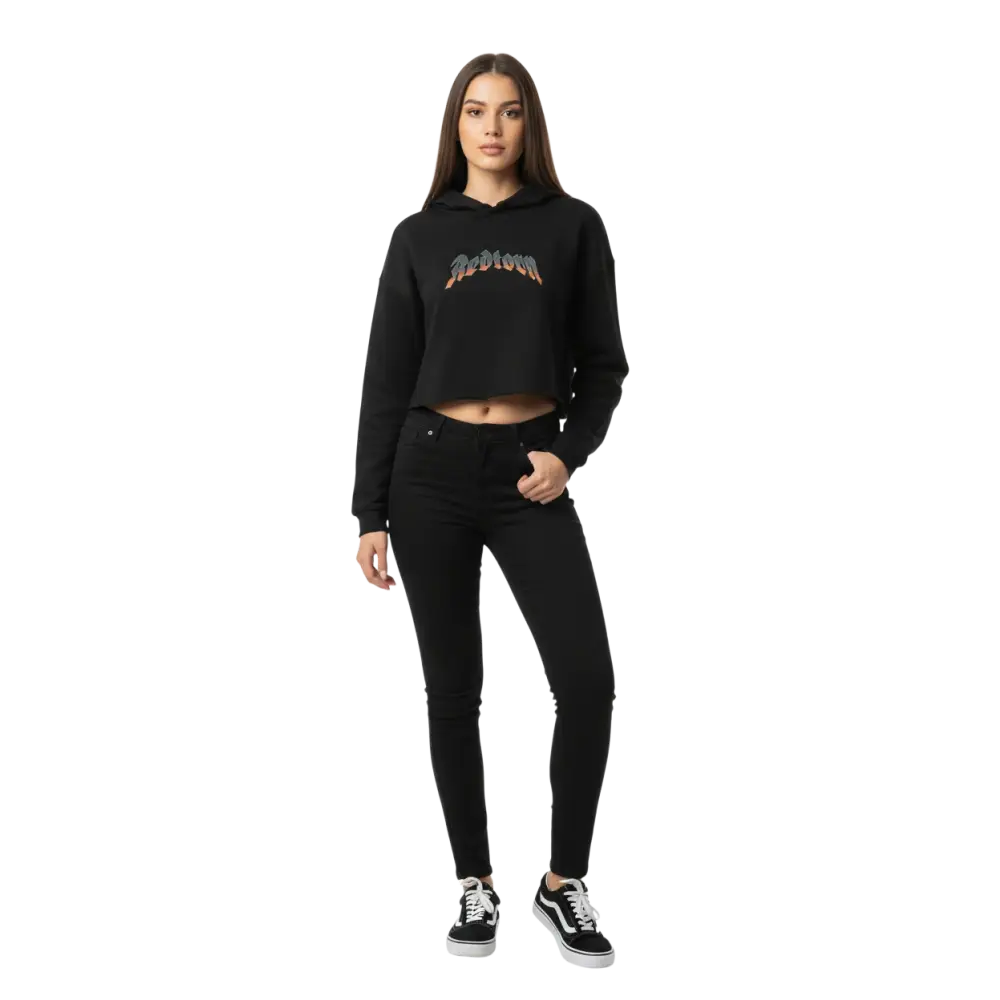Black cropped womens crop-top hoodie with faded arched Reddow logo