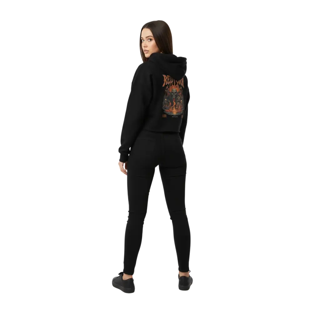 Rebellion women’s crop-top hoodie in black with fiery hell crop graphic
