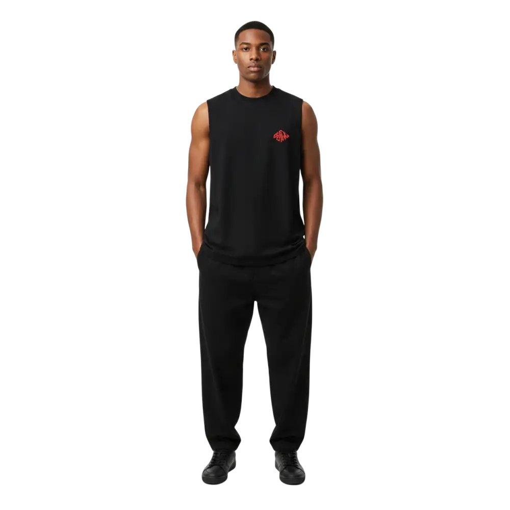 Black sleeveless premium tank top with red diamond aggressive graphic logo