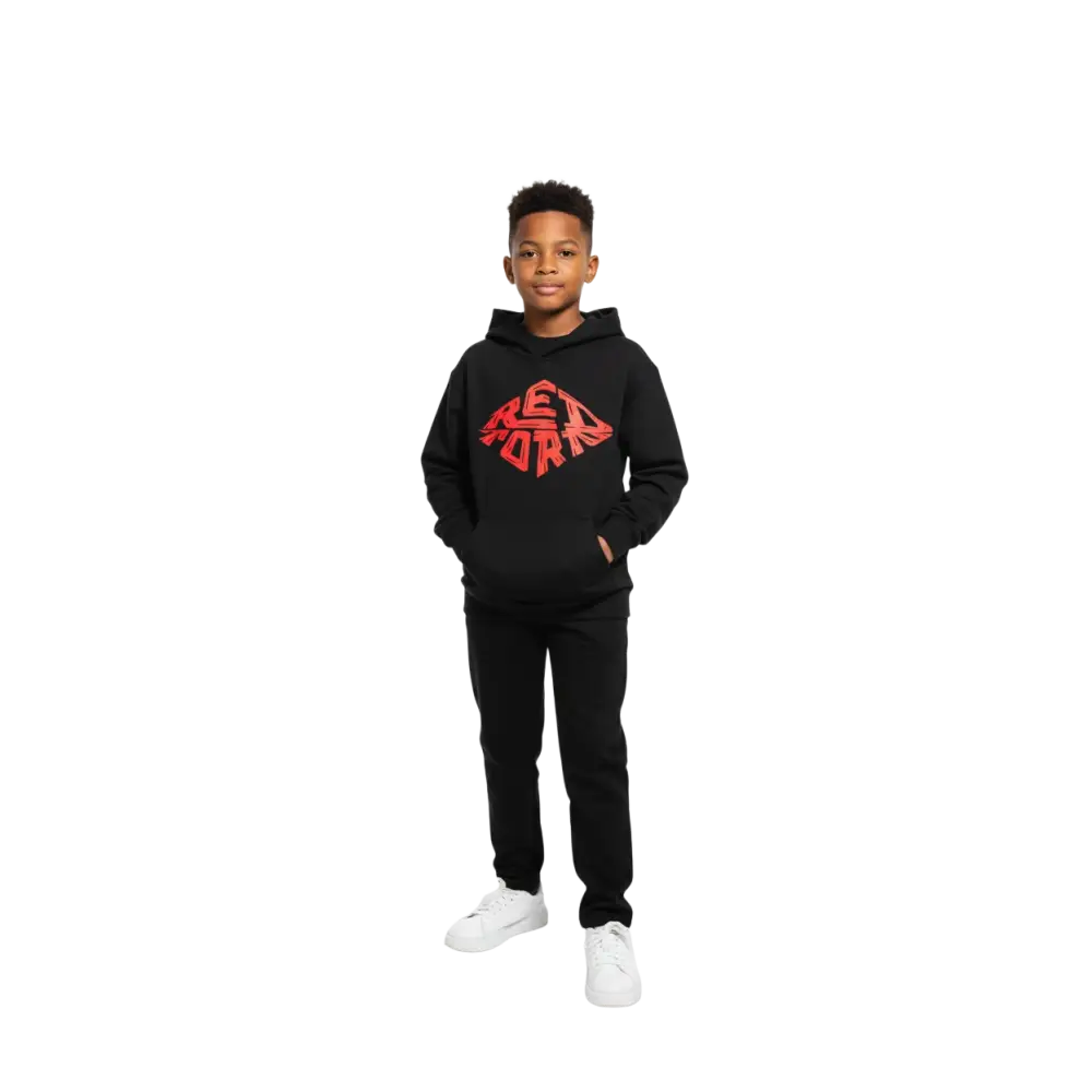 Red Diamond Kids Unisex Hoodie with bold red logo on black fabric