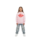 Pink kids unisex hoodie with red diamond logo and retro graphic
