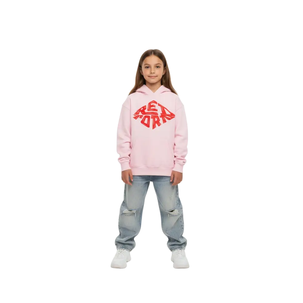 Pink kids unisex hoodie with red diamond logo and retro graphic