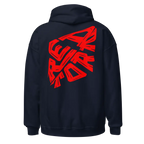 Navy blue premium unisex hoodie with red orange graphic, luxury streetwear